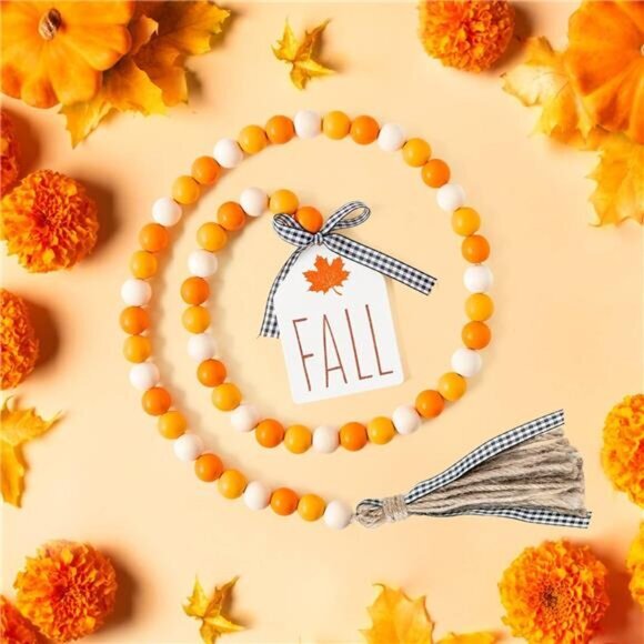 Fall Wood Bead Tassel‎ Garland, 40inch Thanksgiving Farmhouse Rustic Bead - Picture 3 of 6
